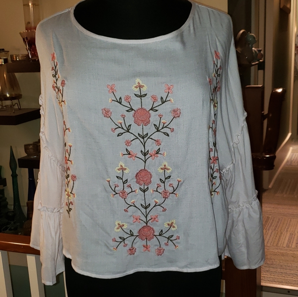 Xliration Womens Bell Sleeve Embroidered Beige Blouse